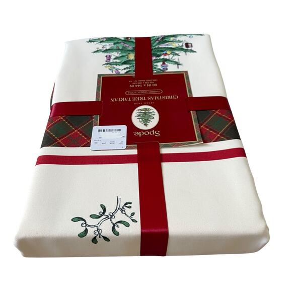 Spode Christmas Tree Tartan Holiday Tablecloth 60x144 Oblong Seats 12-14 New - Picture 9 of 16